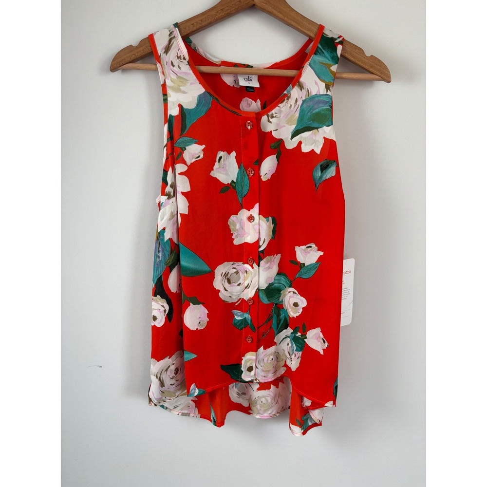 Cabi Manet Top Valentine Floral orange Rose Sleeveless Button Front Blouse S